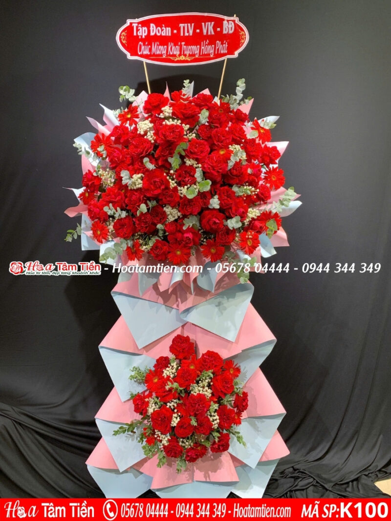 Kệ hoa khai trương phối nơ đỏ bắt mắt