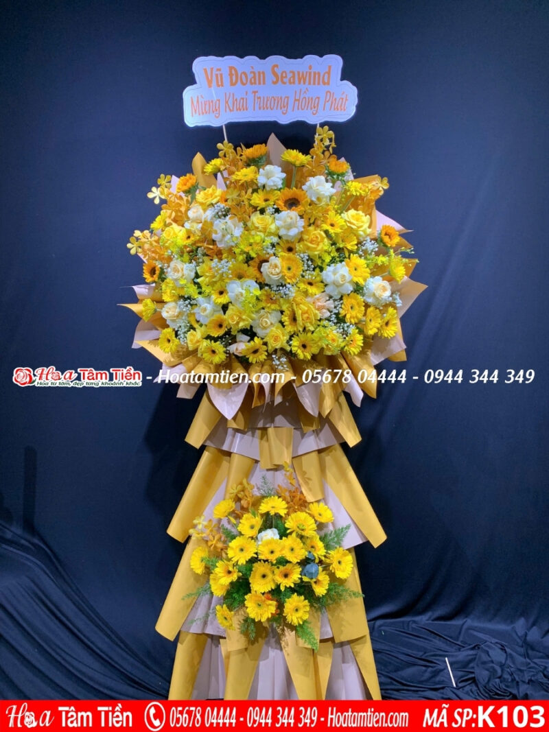 Kệ hoa khai trương phối nơ vàng tươi
