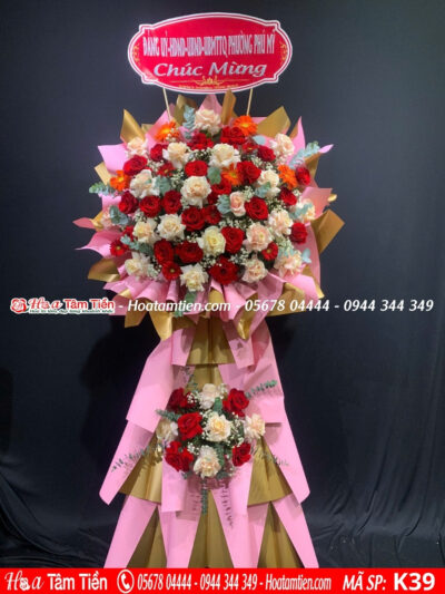 Hoa khai trương tone đỏ mix vàng Hồng Phát