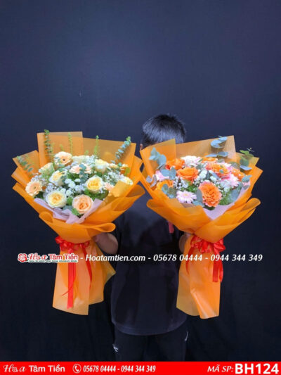 bó hoa tặng đại hội-hội nghị tone cam vàng rực rõ tại hoa tươi tâm tiền vũng tàu