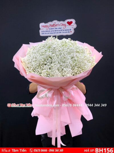 Bó hoa baby trắng bó tròn siêu to khổng lồ gói giấy hồng pastel