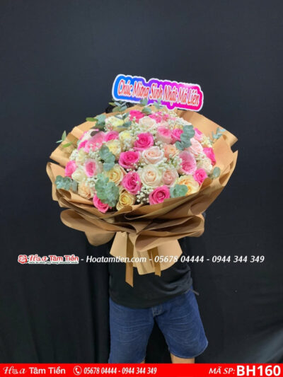 bó hoa tròn hồng sen mix hoa hồng pastel