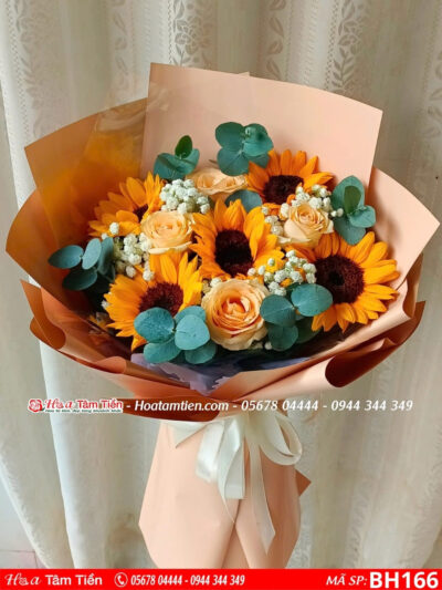 bó hoa hướng dương mix hoa hồng mở gà tại shop hoa tươi vũng tàu
