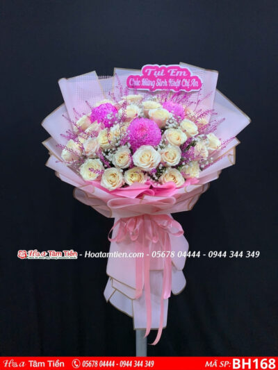 bó hoa hồng Wicklen mix hoa cúc mẫu đơn hồng