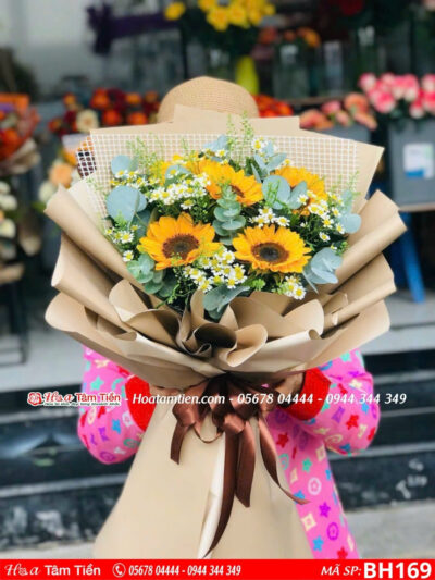 bó hoa 5 bông hướng dương mix baby lá dola