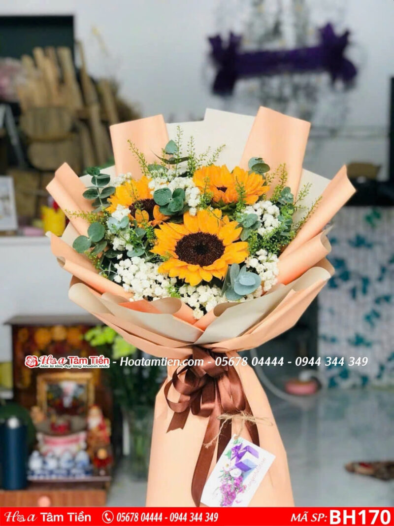 bó hoa 3 bông hướng duong mix baby lá bạc