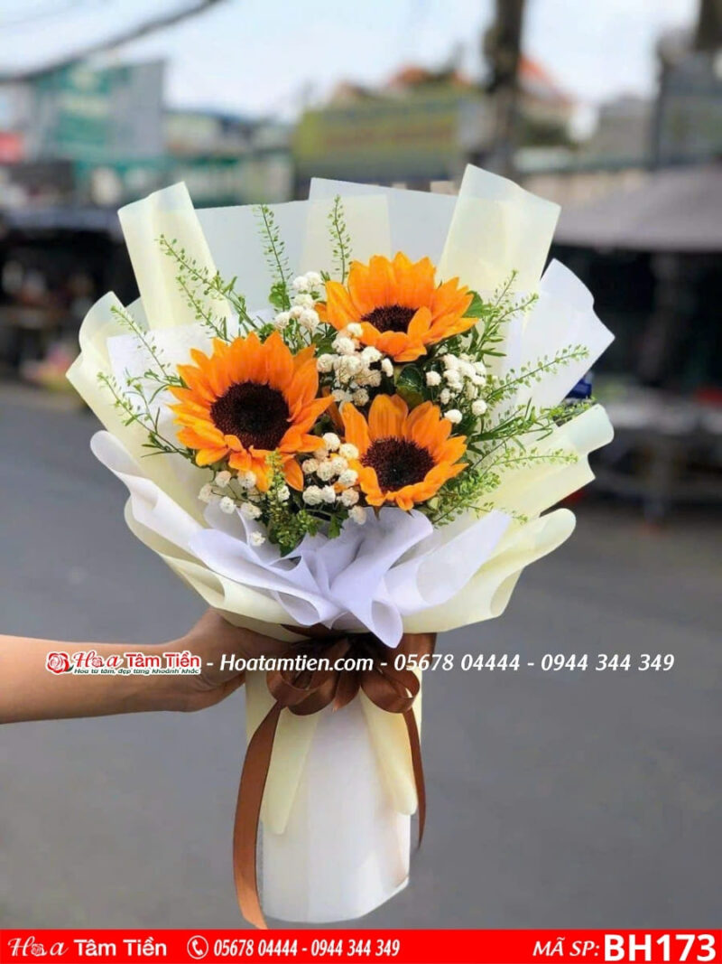 bó hoa 3 bông hướng duong gói giấy vàng kem