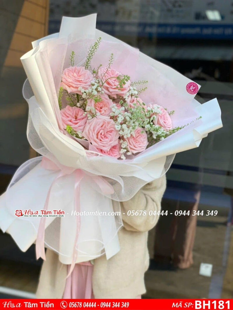 bó hoa 10 bông ohara hồng mix giấy trắng