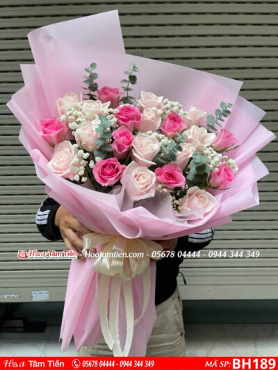 Bó hoa hồng sen mix hoa hồng pastel mix baby lá bạc gói giấy hồng