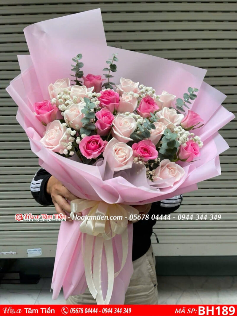 Bó hoa hồng sen mix hoa hồng pastel mix baby lá bạc gói giấy hồng