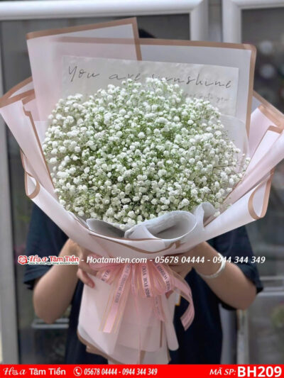 bó hoa baby trắng mix giấy hồng viềng đồng