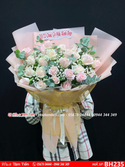 bó hoa hồng pastel mix baby lá bạc gói giấy hồng nhẹ nhàn thanh thoát