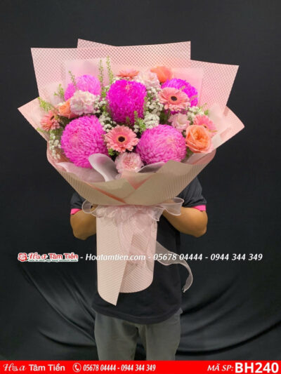 hoa cúc mẫu đơn mix hoa hồng và đồng tiền tone hồng