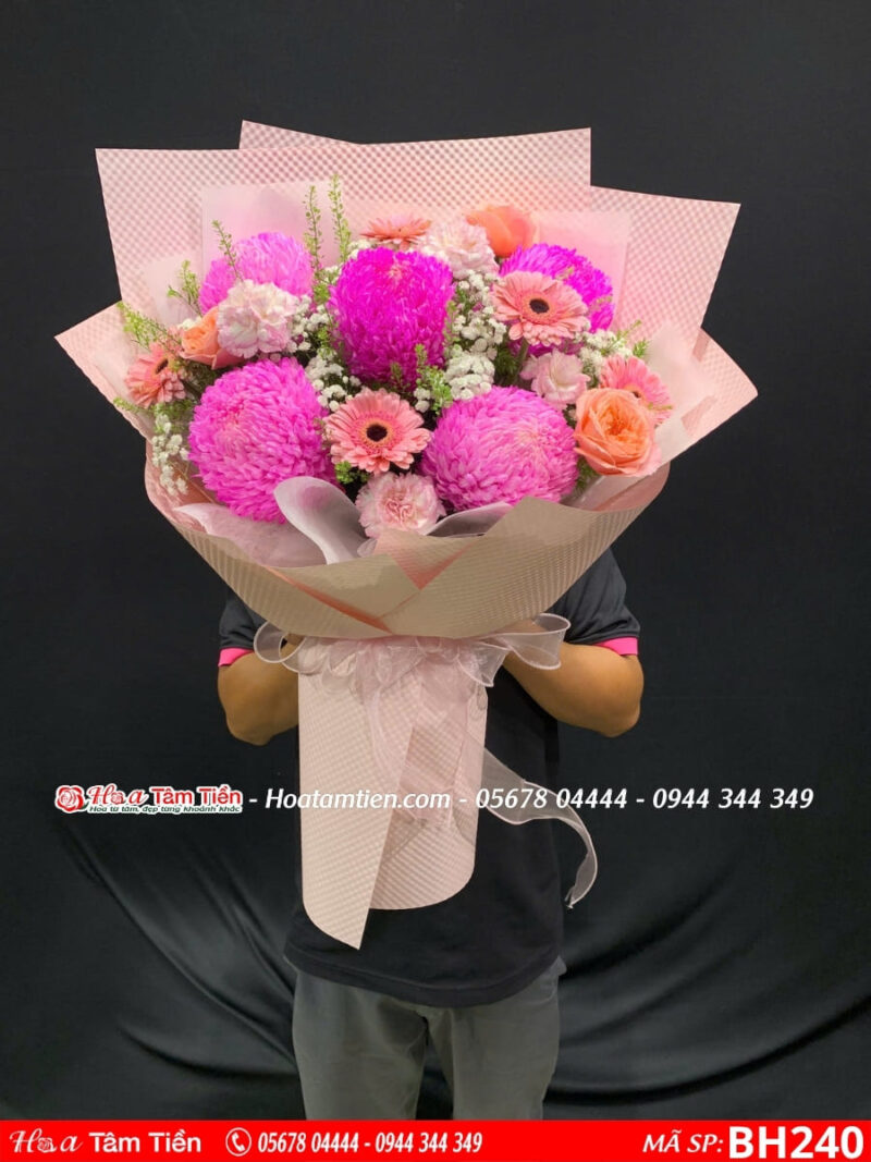 hoa cúc mẫu đơn mix hoa hồng và đồng tiền tone hồng