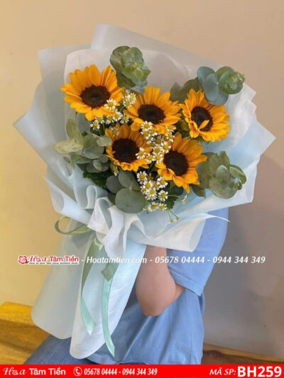 bó hoa 5 bông hướng dương phối cùng hoa cúc tana gói giấy trắng xanh