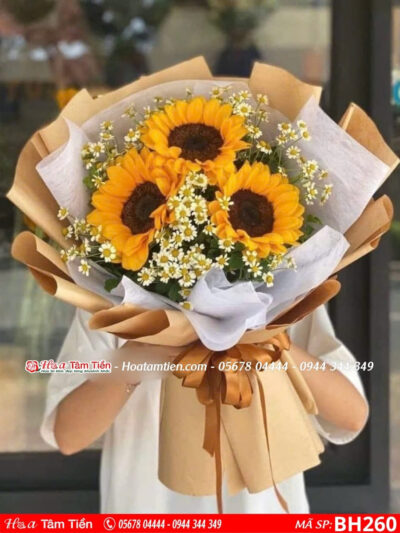 bó hoa hướng dương 3 bông mix hoa cúc tana gói giấy báo chơn