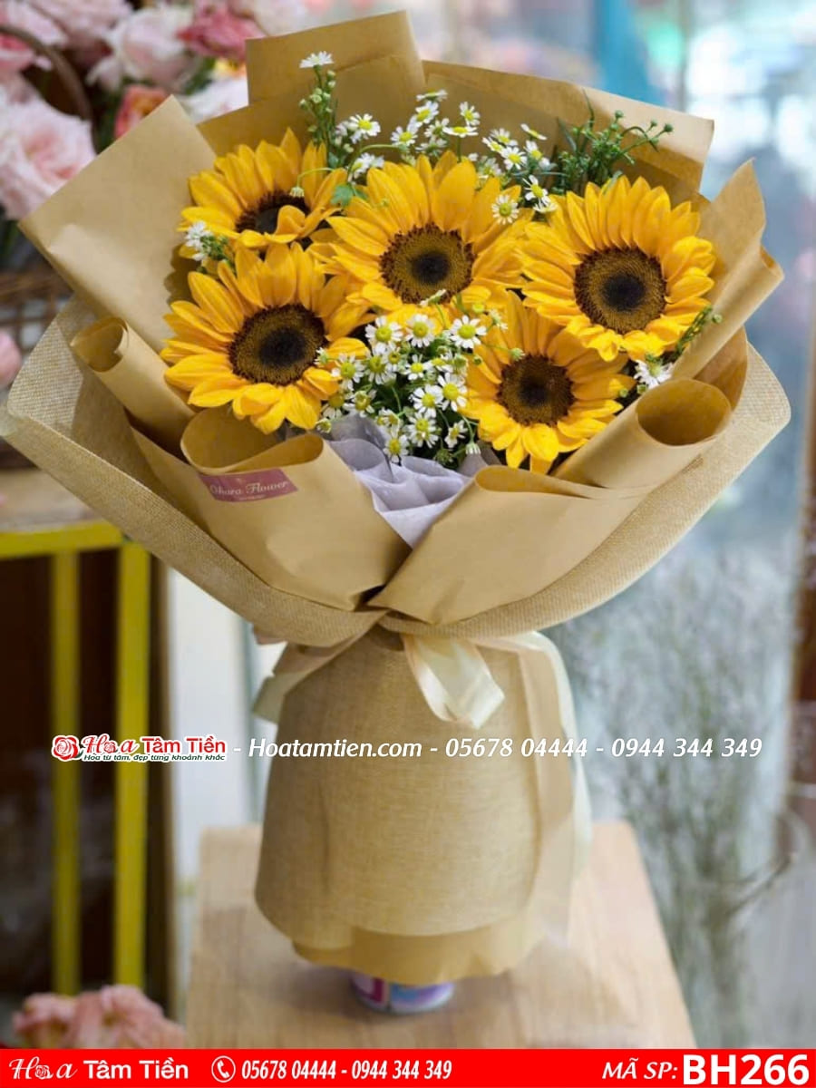 bó hoa hướng dương 5 bông phối cùng hoa cúc tana