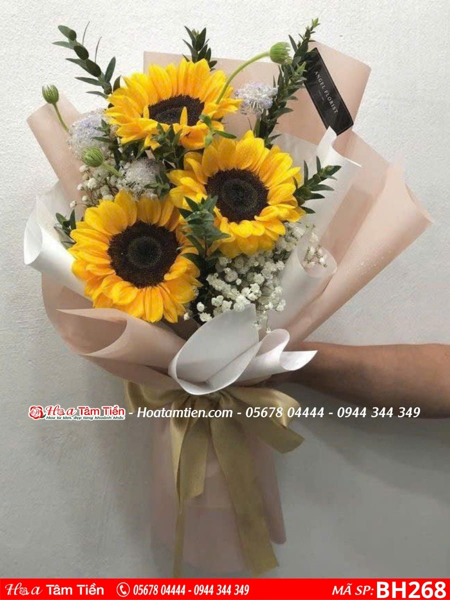 bó hoa hương dương 3 bông phối giấy trắng kem
