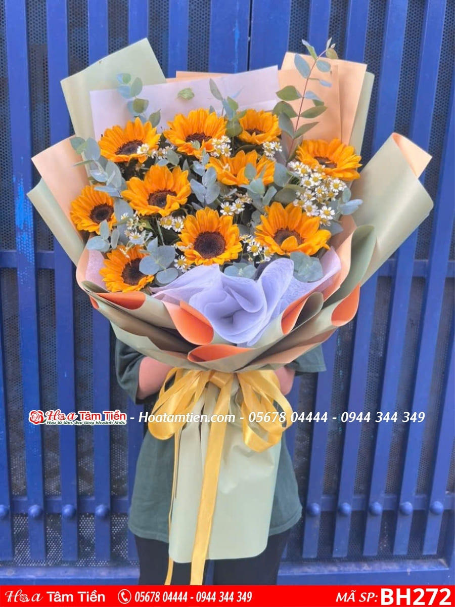 bó hoa hướng dương 10 bông mix cúc tana gói giấy xanh