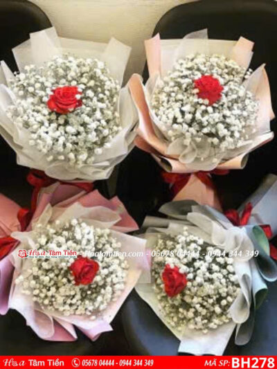 bó hoa 1 bông hồng đỏ mix baby trắng