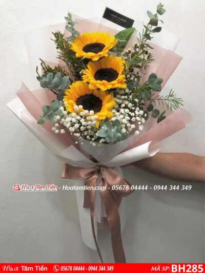 bó hoa hướng dương 3 bông gói giấy trắng hồng tặng hội nghị