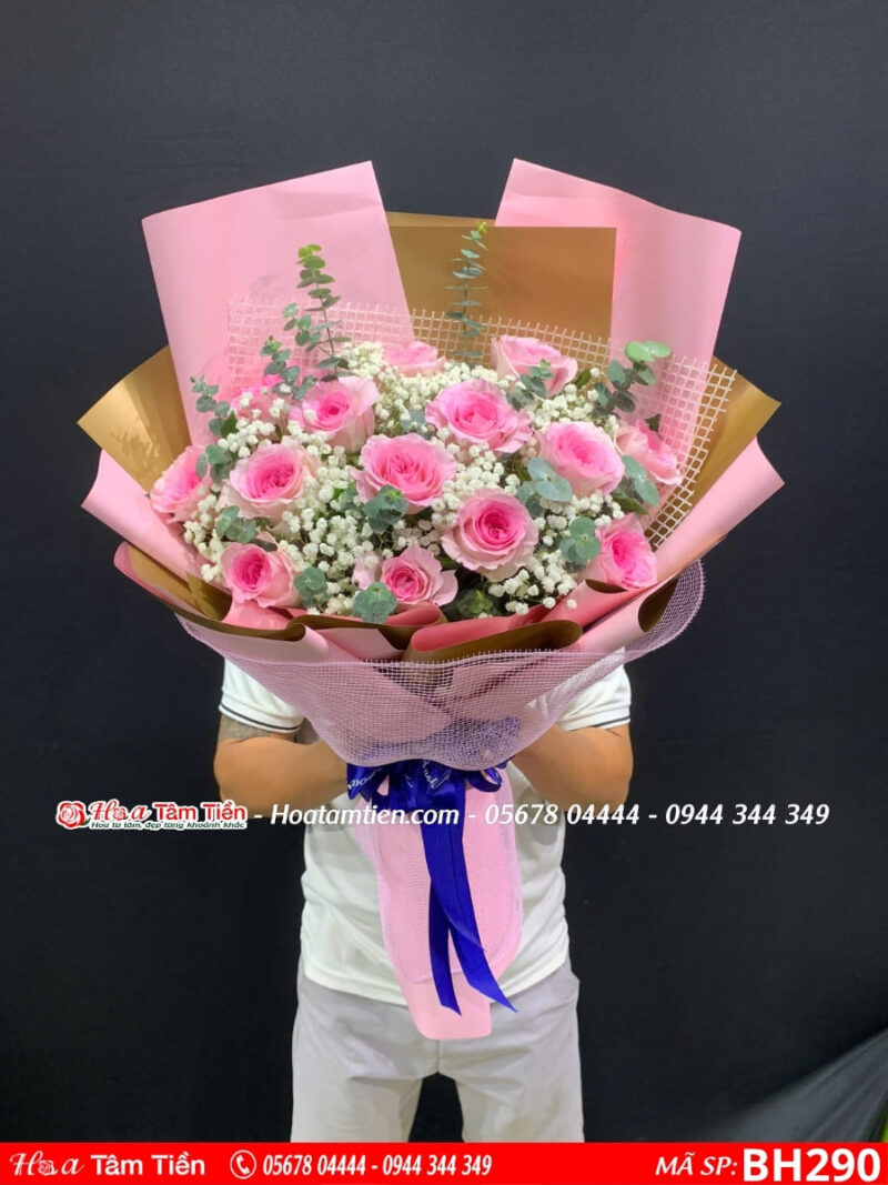 bó hoa hồng sen mix baby lá bạc gói giấy hồng tặng sinh nhật sinh nhật