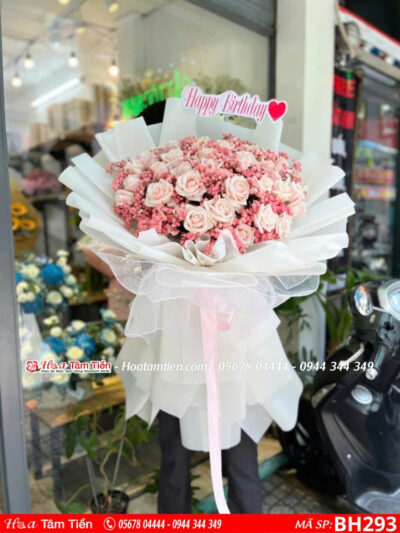 bó hoa hồng pastel mix baby hồng gói giây trắng tặng sinh nhật