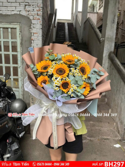 bó hoa hướng dương mix cúc tana gói giấy hai màu trắng nâu tặng tốt nghiệp