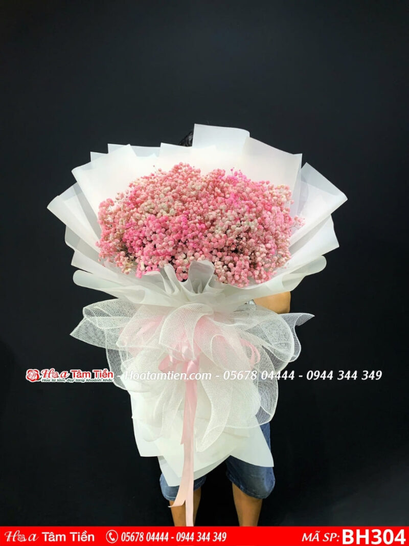 bó hoa baby hồng gói giấy trắng khổng lồ