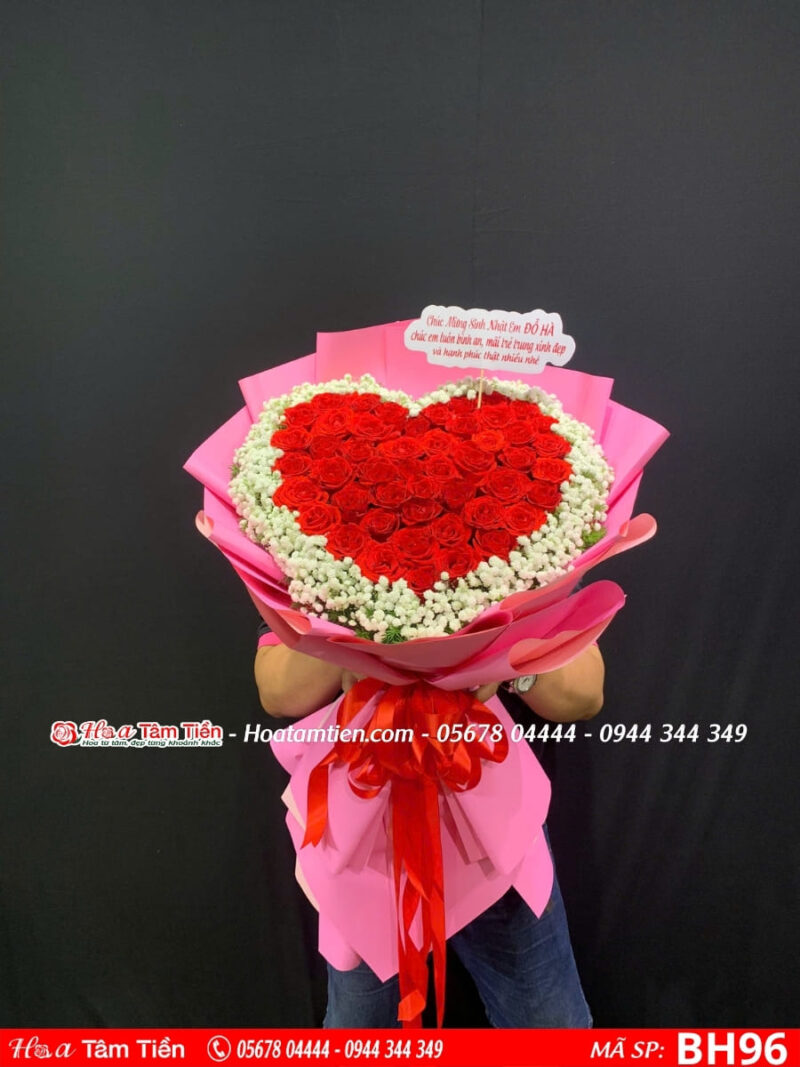 bó hoa trái tim hồng đỏ tình yêu nòng cháy tại hoa tươi tâm tiền