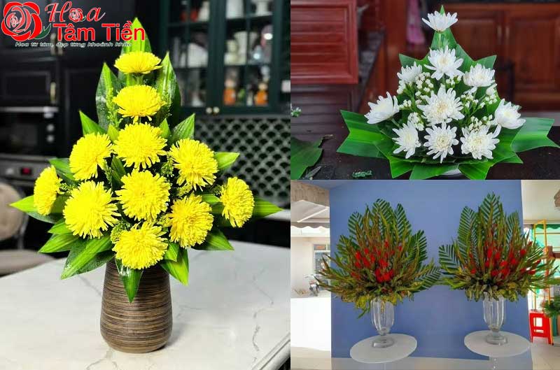 Cách cắm hoa cúng đám giỗ kiểu tam giác một mặt.