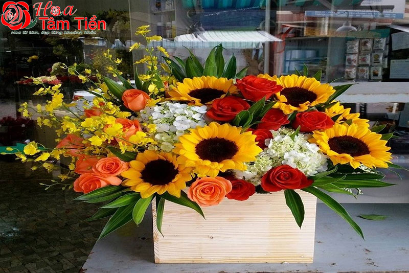 Hoa Tâm Tiền Mẫu cắm hoa hồng kết hợp hoa hướng dương
